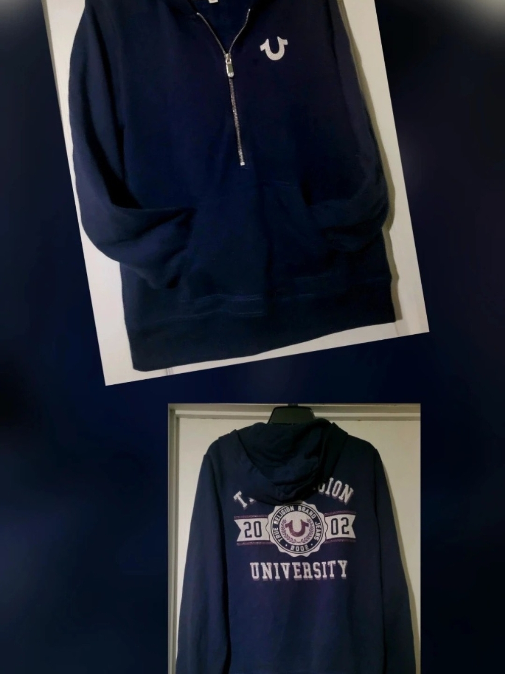 True Religion University Quarter-Zip Navy Hoodie. Large